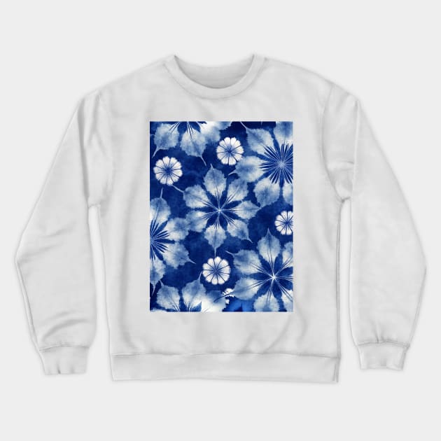 Floral Japanese Shibori Pattern Indigo Blue Crewneck Sweatshirt by craftydesigns